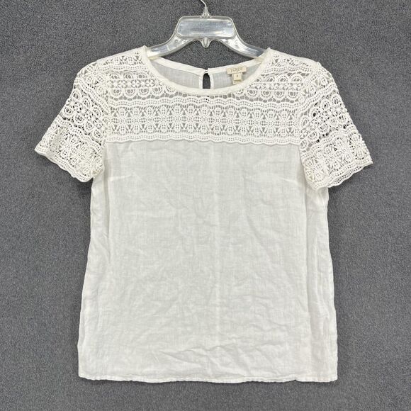 J.CREW Tops - J.Crew Blouse Womens 4 White Linen Lace Short Sleeve Crochet‎ Summer Boho Top